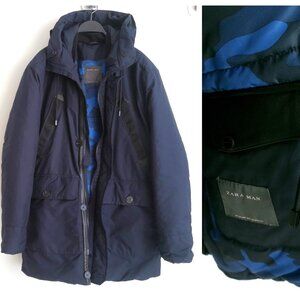 ZARA MAN HOODED PUFFER JACKET PARKER NAVY BLUE 1922/305 Sz-XL